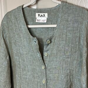 Flax Long Sleeved Turquoise Blue/Brown Relaxed Fit Linen Blouse Size Small EUC